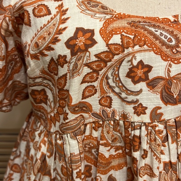 By Anthropologie Puff-Sleeve Babydoll Blouse in Orange Motif, Size Medium, NWOT - Picture 8 of 17